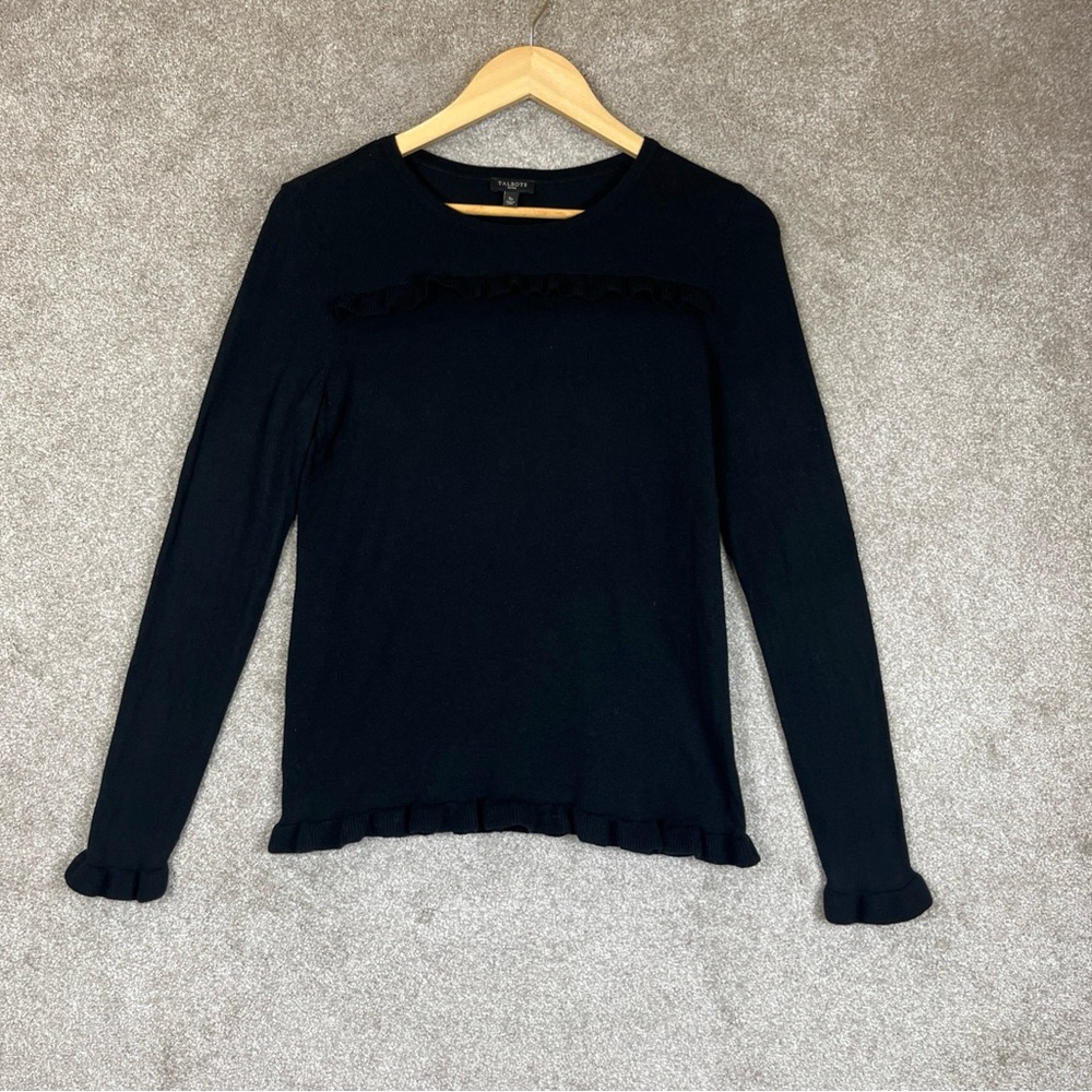 Talbots Sweater Womens Small Petite Black Long Sleeve Pullover Ruffle- 4380